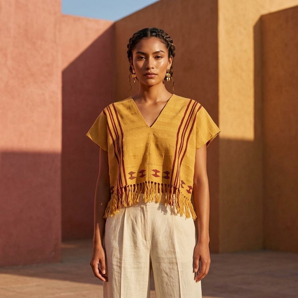 Traditional Mexican Huipil Blouse – Hand woven Top S M L crop hand woven Vneck